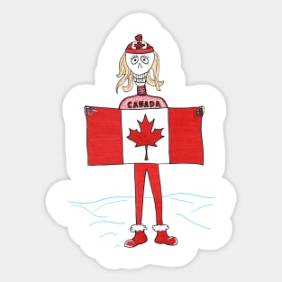 Skeleton Canadian Blonde Woman Holding Canada Flag in Snow Sticker